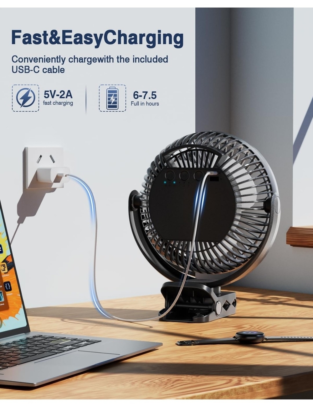 Compact Black USB Rechargeable Desk Fan - Home Office